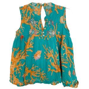 Antica Sartoria Turquoise Orange Tropical Embroidered Top Sleeveless Small